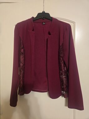 SHEIN Burgundy Open-Front Blazer with Lace Panels